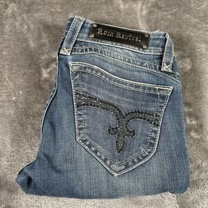 Rock Revival Jeans Women’s‎ 27 Blue Pat Straight Leg Bedazzled Jewel Gem Pockets